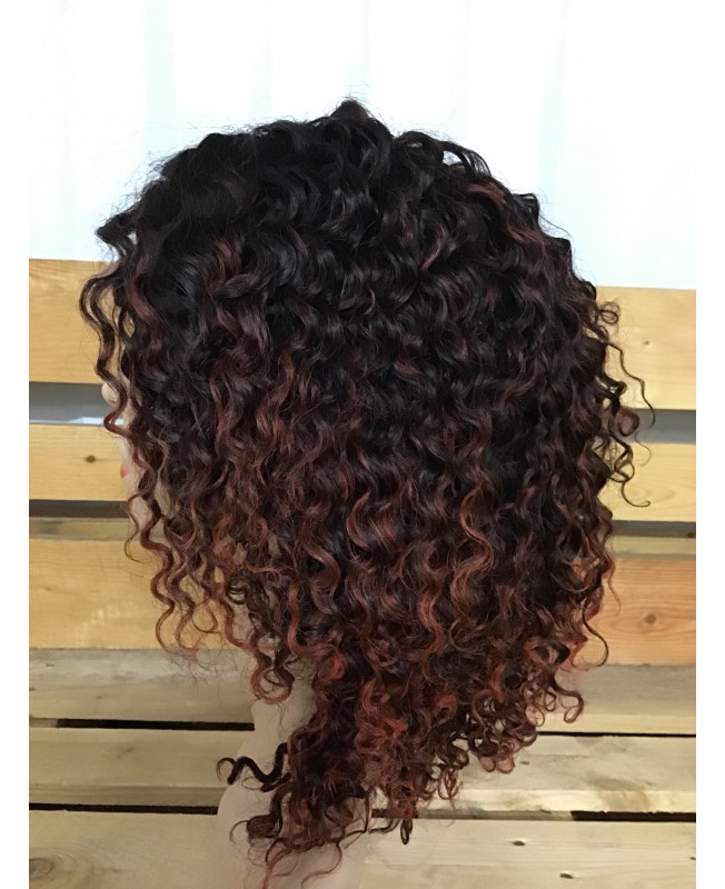 Perruque cheveux naturels frisés colorés bordeaux 10 pouces